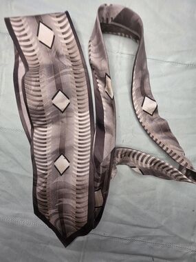 Vintage Bruno Rossi Handmade Silk Tie - 90s Grey & Ivory Geometric Art Deco